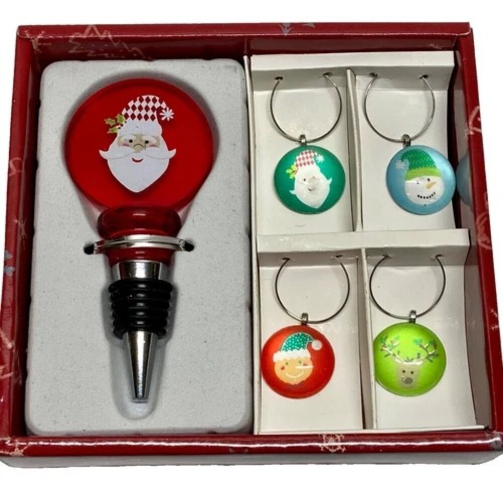Holiday Cheer Christmas Wine Set 4 Charms 1‎ Stopper Fresh Decor Celebrate IOB